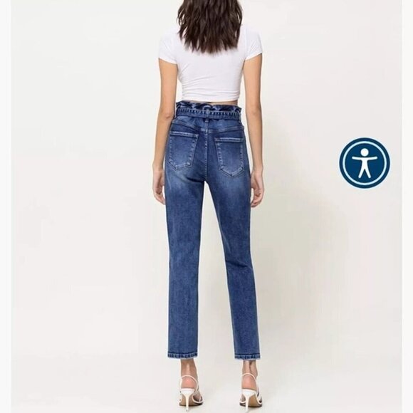 Vervet Plastic Love Stretch Mom Jeans Belted Waistband Seamed Blue Denim Size 25 - Picture 2 of 15